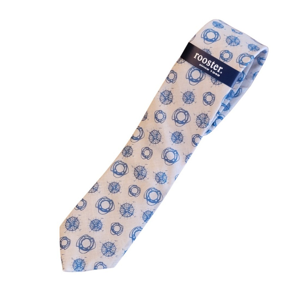 NWT Rooster 100% Cotton Necktie Tie Gray Blue Nautical Compass Life Ring Preppy‎